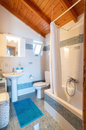 Hair dryer, towels, soap, shampoo