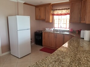 Departamento Confort, vista al océano | Cocina privada | Refrigerador con congelador, microondas, horno y parrilla de estufa 