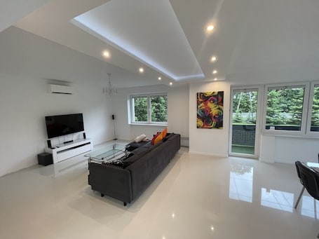 42-inch flat-screen TV with cable channels, TV, Netflix. Modern House with Garden