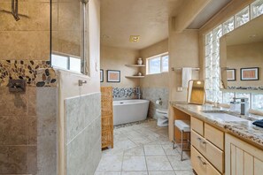 Shower, hair dryer, shampoo
