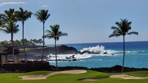 Un parcours de golf offrant une vue sur l’océan et les palmiers.