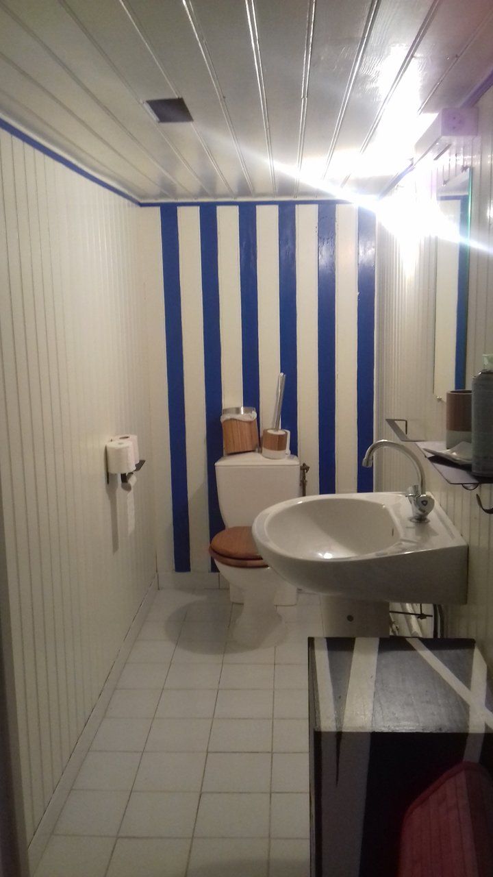 A bathroom with a toilet, sink, and mirror. The walls are striped in blue and white.