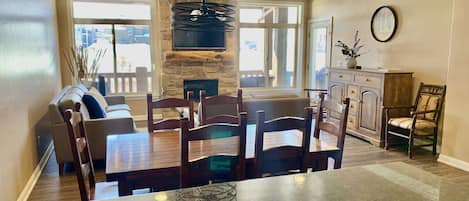 Smart TV, fireplace, foosball, books