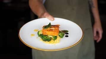Een persoon houdt een bord eten vast, met onder meer broccoli en een stuk zalm.