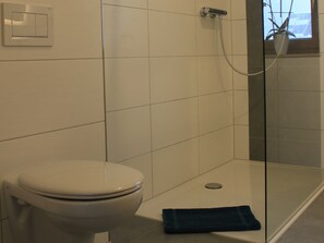 Regadera, secadora de cabello, toallas, papel de baño 