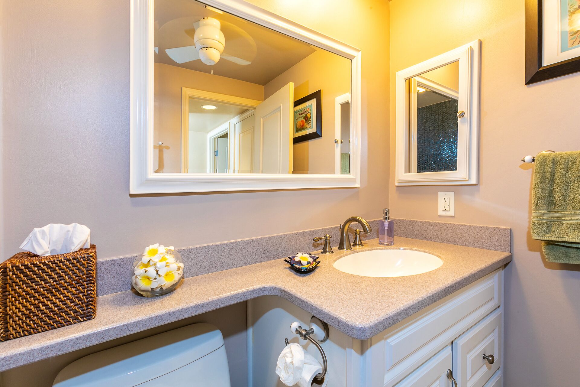 Une salle de bain avec un lavabo blanc, un grand miroir, un ventilateur de plafond et un panier en osier rempli de fleurs.