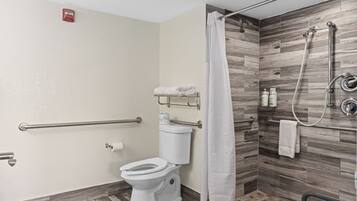 A modern bathroom with a toilet, shower, and grab bars.