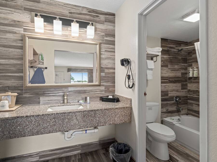 A bathroom with a granite countertop, a large mirror, a toilet, and a shower area.