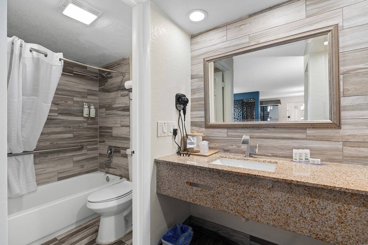 A bathroom with a shower, toilet, and sink with a mirror above.