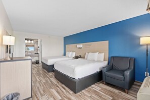 Premium bedding, pillowtop beds, desk, laptop workspace