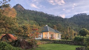 A house with a stone wall and a grassy yard, surrounded by trees and hills. - Full board on an organic tea estate high in the hills - whole cottage with staff (Hildummulla)