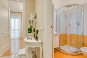 Shower, hair dryer, bidet, towels