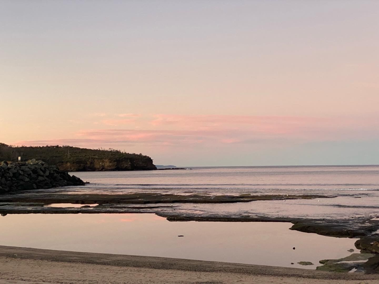 A coastal landscape with a rocky shoreline, calm water, and a forested hill in the background.