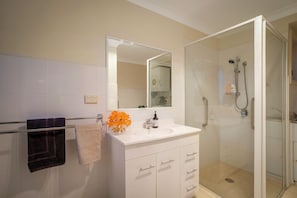 Shower, hair dryer, towels, soap