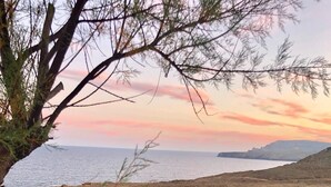 Un paysage côtier avec un mur de soutènement en pierre, des plantes d’agave et une vue sur la mer au coucher du soleil.
