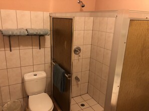 A bathroom with a toilet, a shower stall, and a towel rack. - Bon Accord Beaulieu , an ideally located two bedroom apartment (Tobago)