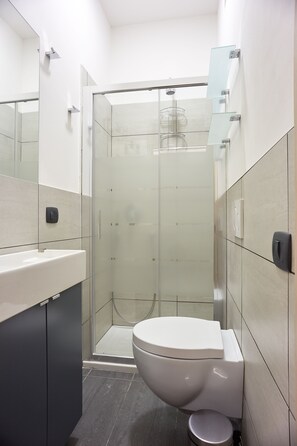 Shower, bidet, towels, toilet paper