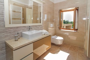 Shower, hair dryer, towels