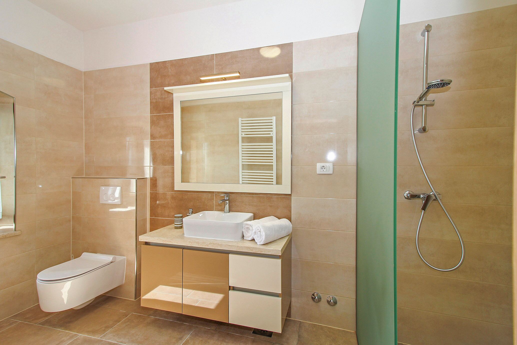 A modern bathroom with a glass-enclosed shower, a white toilet, and a vanity with a mirror.