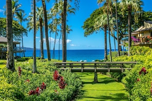 A lush garden with a wooden bridge, palm trees, and a view of the ocean. - Wailea Elua #102 Beautifully Remodeled Ocean View short walk to beach, shops! (Wailea)