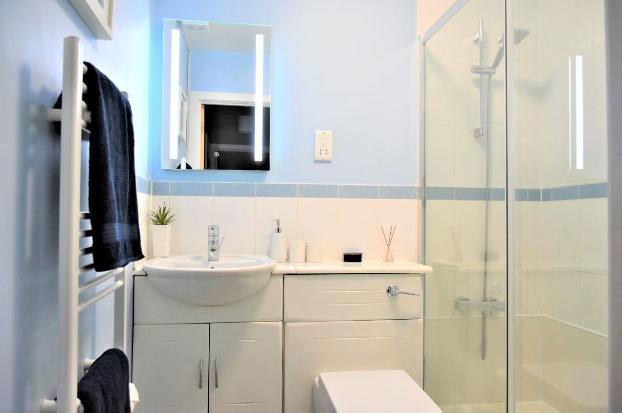 Combined shower/tub, hair dryer, towels, soap