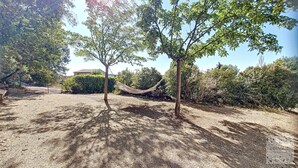 A gravel area with trees and a hammock.