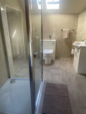 Une salle de bain moderne avec une douche à parois de verre, des toilettes et un lavabo.