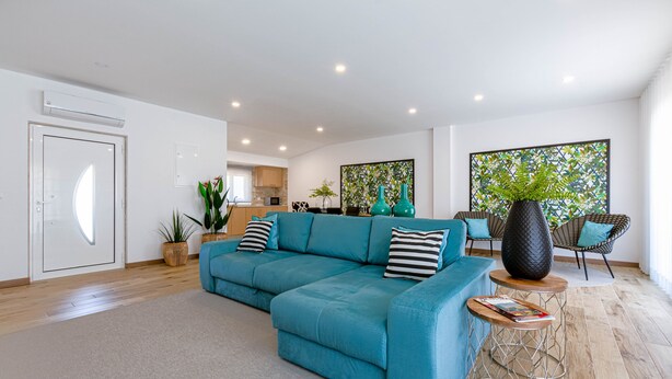 A modern living room with a teal sectional sofa, a coffee table, and a large potted plant.
