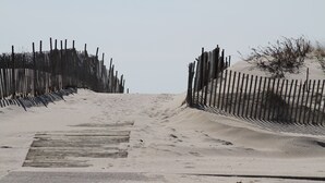 A sandy pathway leading to a dune area with wooden fences on either side. - Cozy Studio in Long Beach / EAB (East Atlantic Beach)