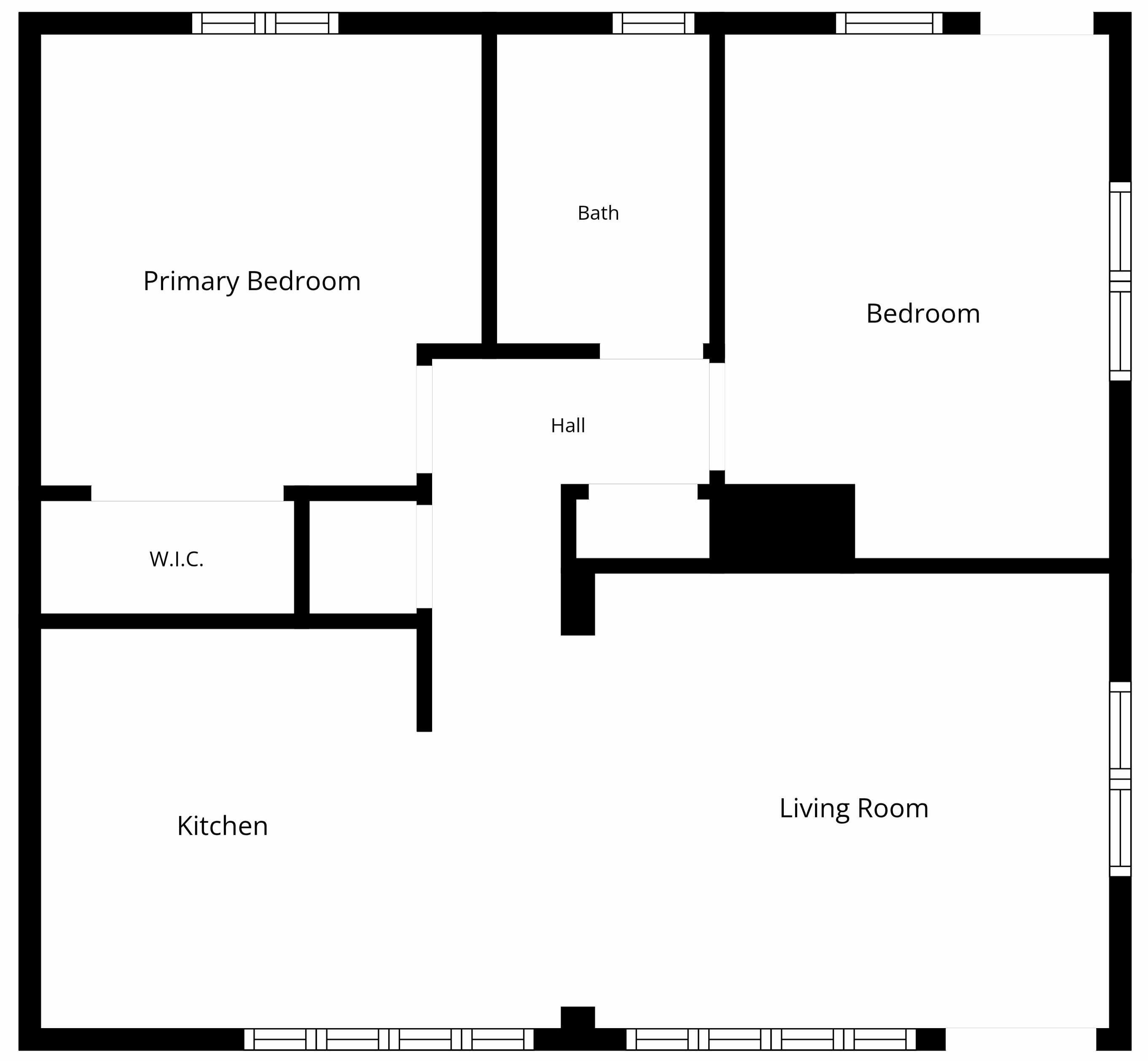 A floor plan with a primary bedroom, secondary bedroom, bathroom, kitchen, W.I.C., hall, and living room.