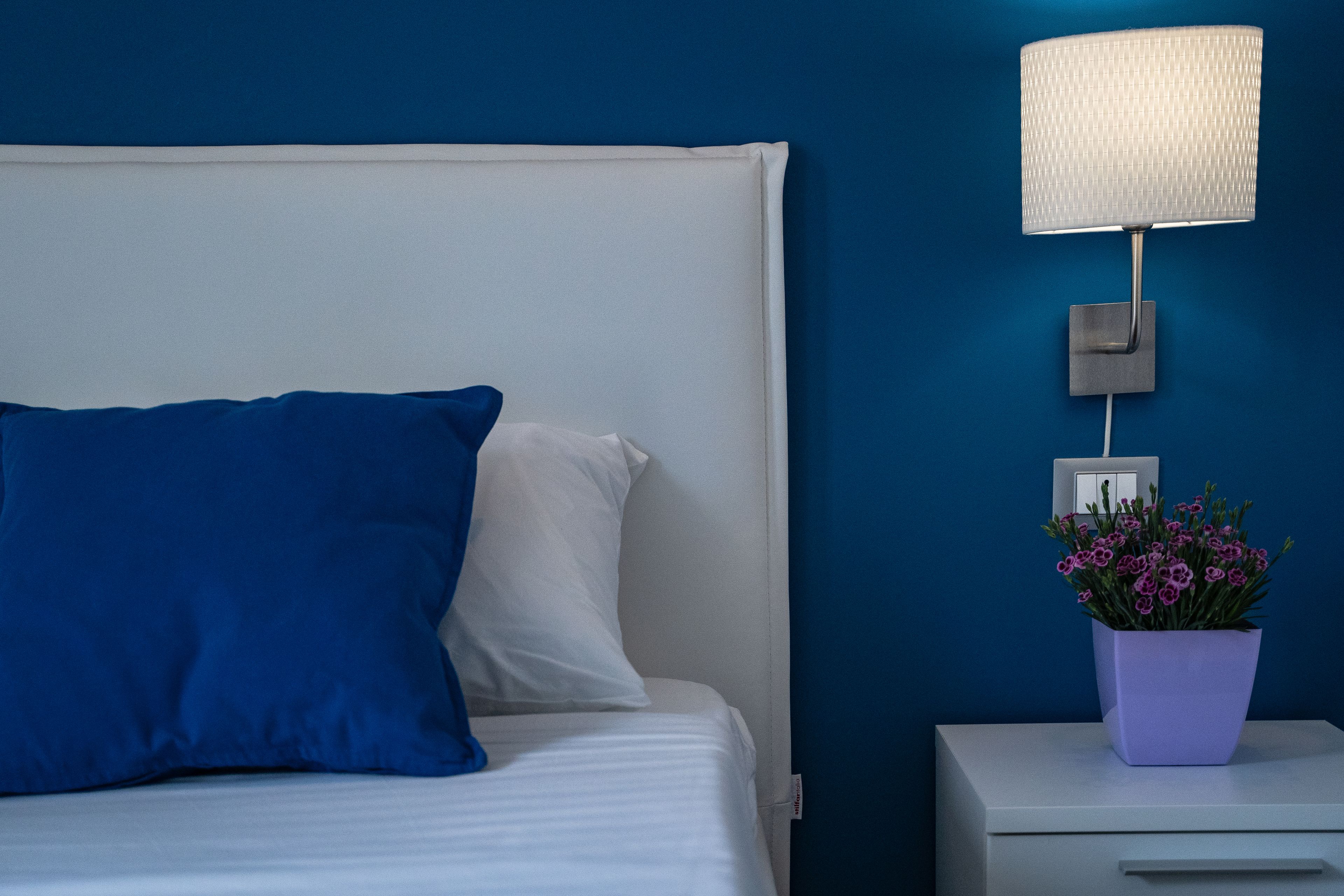 A bed with white and blue bedding, a white nightstand with a potted plant, and a wall-mounted lamp.