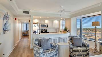 Fridge, microwave, coffee/tea maker, high chair