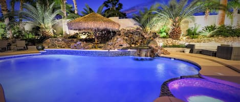 A heated pool, a waterfall pool