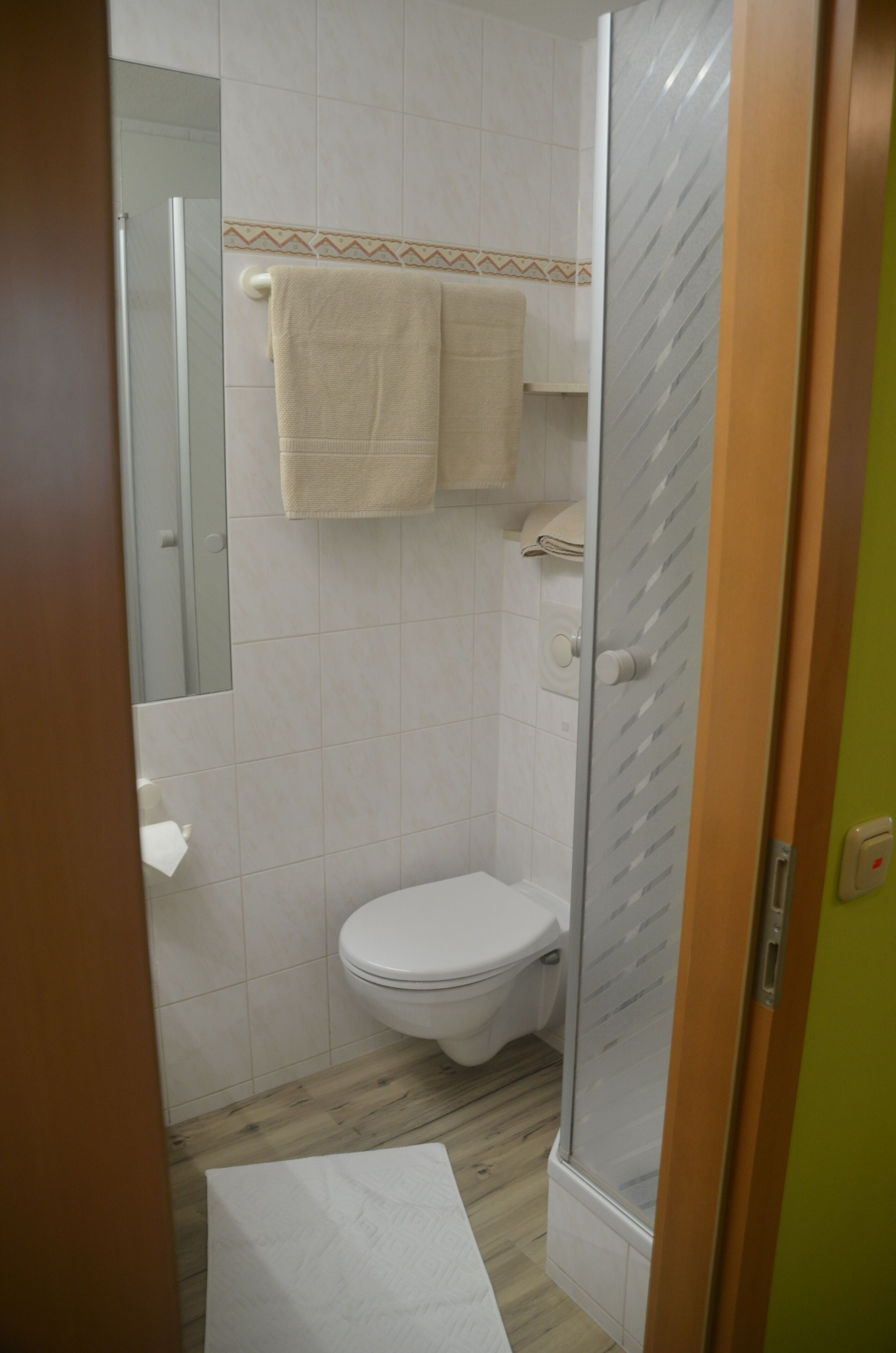 Um banheiro com vaso sanitário, chuveiro com porta de vidro e porta-toalhas com duas toalhas.