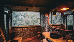 A rustic cabin interior with a stone wall, wooden bench, and a large window offering a forest view.