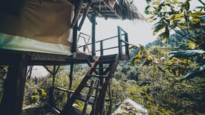 A wooden structure with a thatched roof, surrounded by lush greenery and a view of a forested landscape.