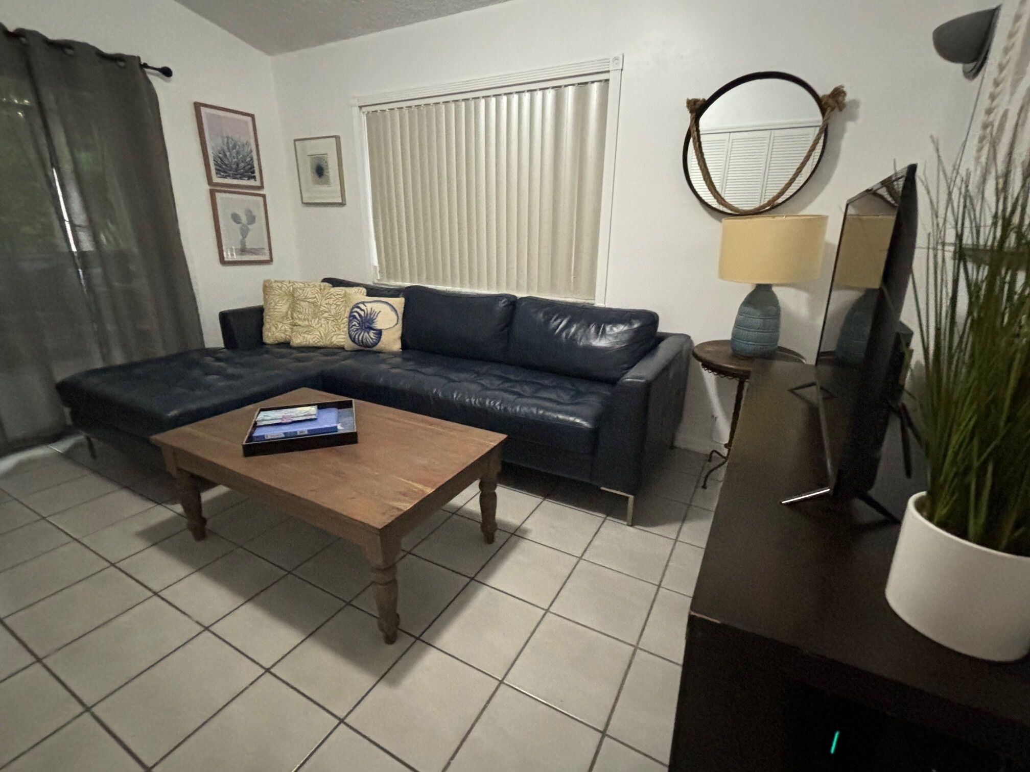 A living room with a dark leather sofa, a wooden coffee table, a TV stand with a flat-screen TV, a lamp, and a potted plant.