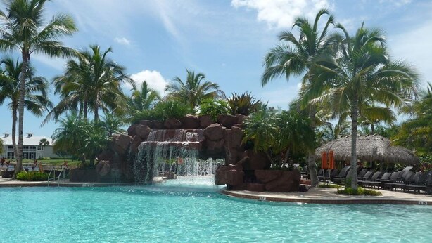 A clear pool with a waterfall feature, surrounded by palm trees and lounge chairs. - Beautiful Condo in Tranquil, Tropical Setting in Flamingo Fairways 2 (Naples)