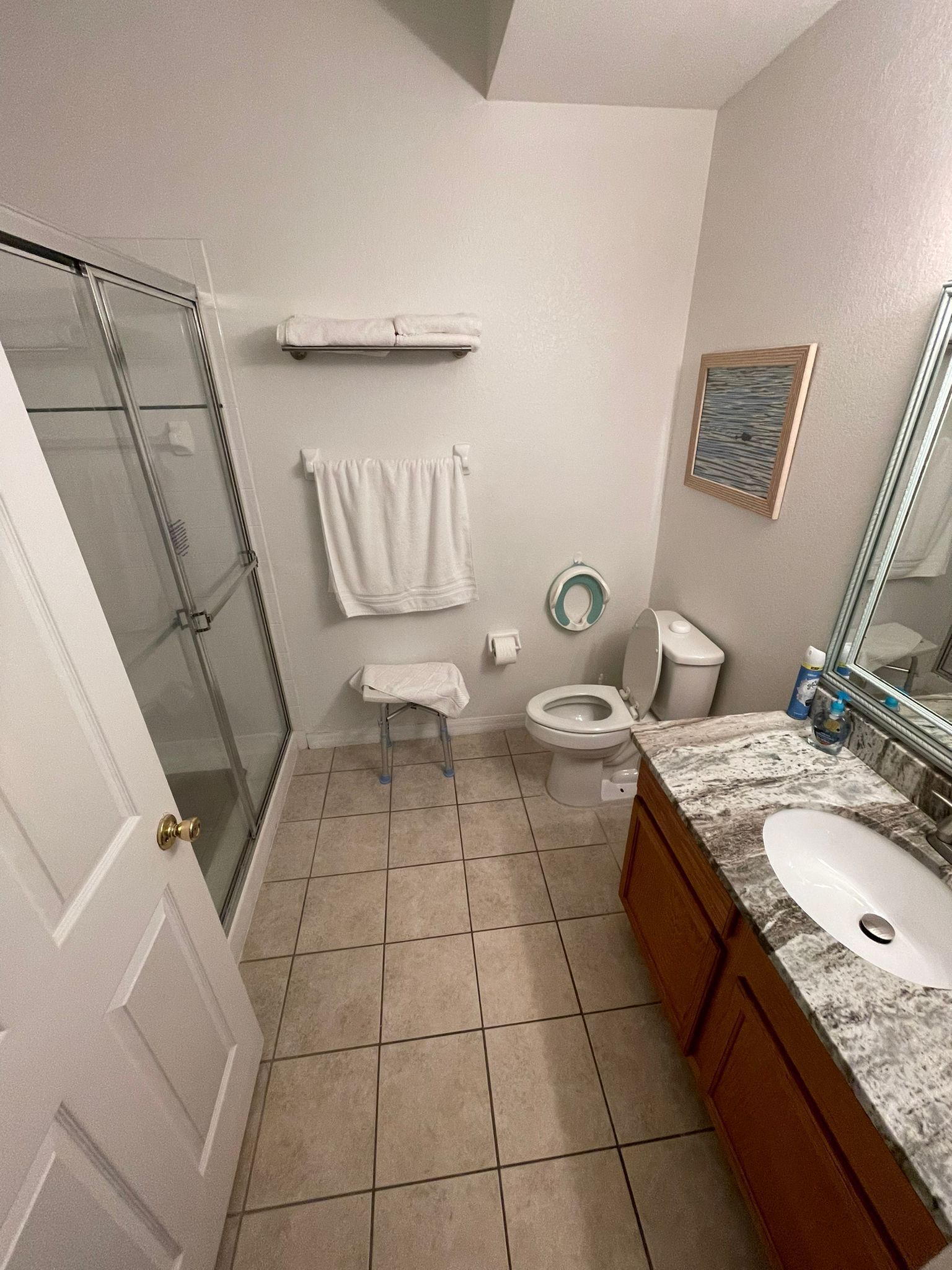 Une salle de bain avec une douche à parois de verre, des toilettes, un lavabo et un porte-serviettes.