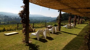 An outdoor seating area with white plastic chairs and a thatched roof structure, overlooking a vineyard and distant hills. - Solar das Bouças (Amares)