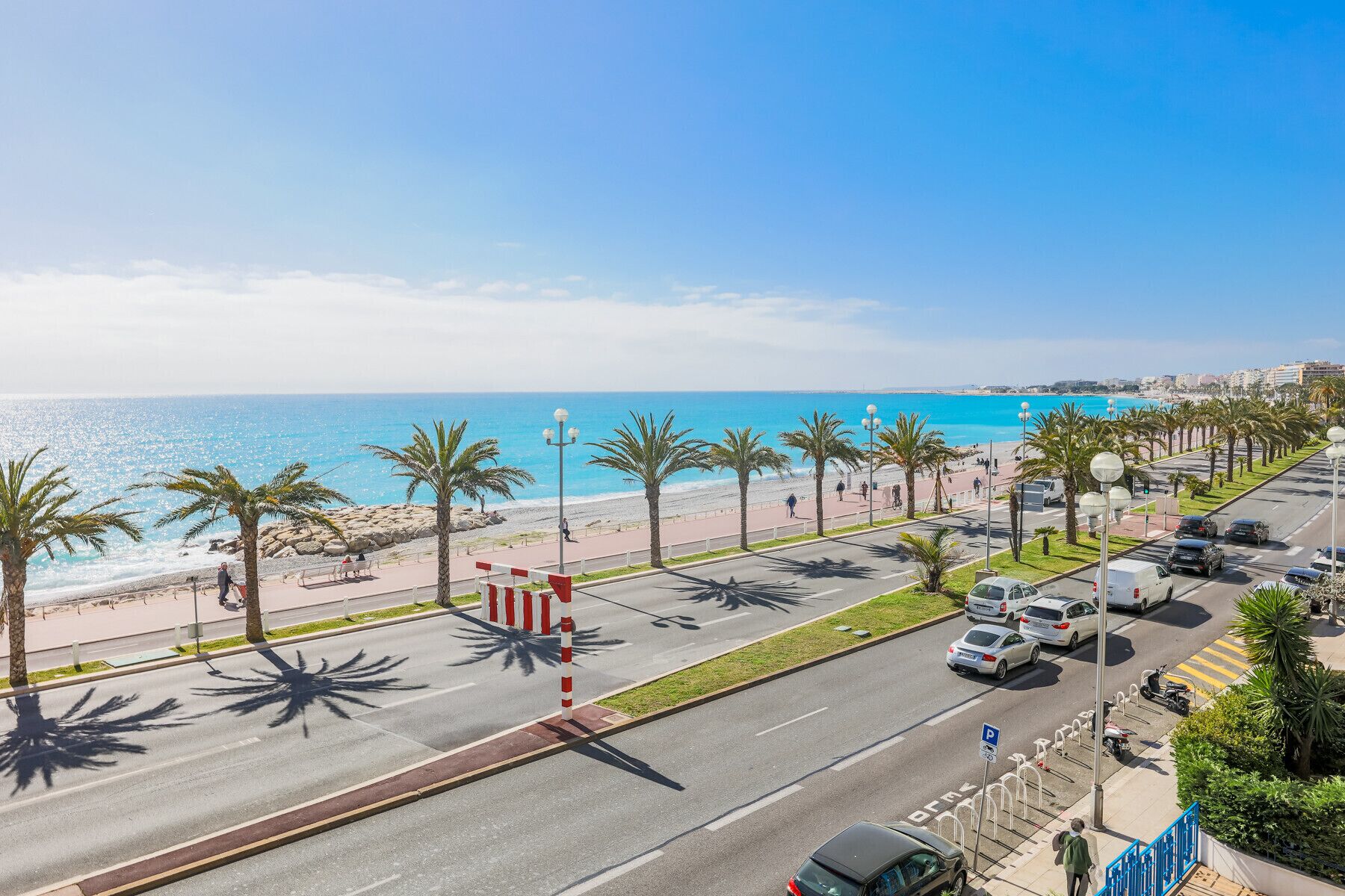 Une route côtière bordée de palmiers, une plage et des voitures garées.
