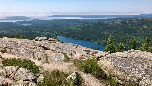 Ett bergigt landskap med en sjö och ett skogsområde.