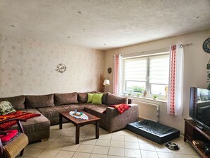 A living room with a sofa, a coffee table, a TV, and a window with curtains. - dog-friendly vacation home - vacation home (Kröslin)