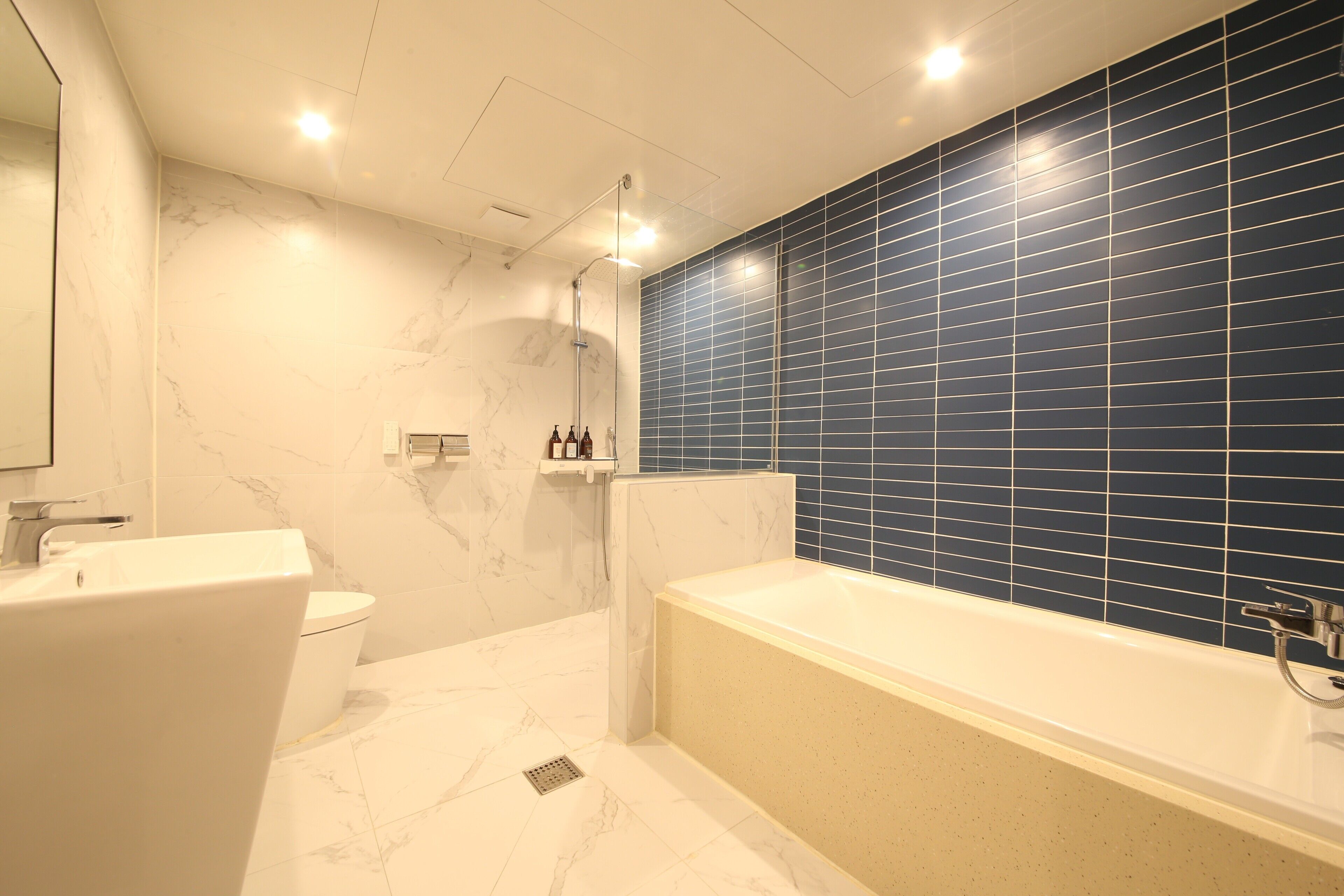 deluxe double room | bathroom | combined shower/bathtub, deep-soaking bathtub, free toiletries