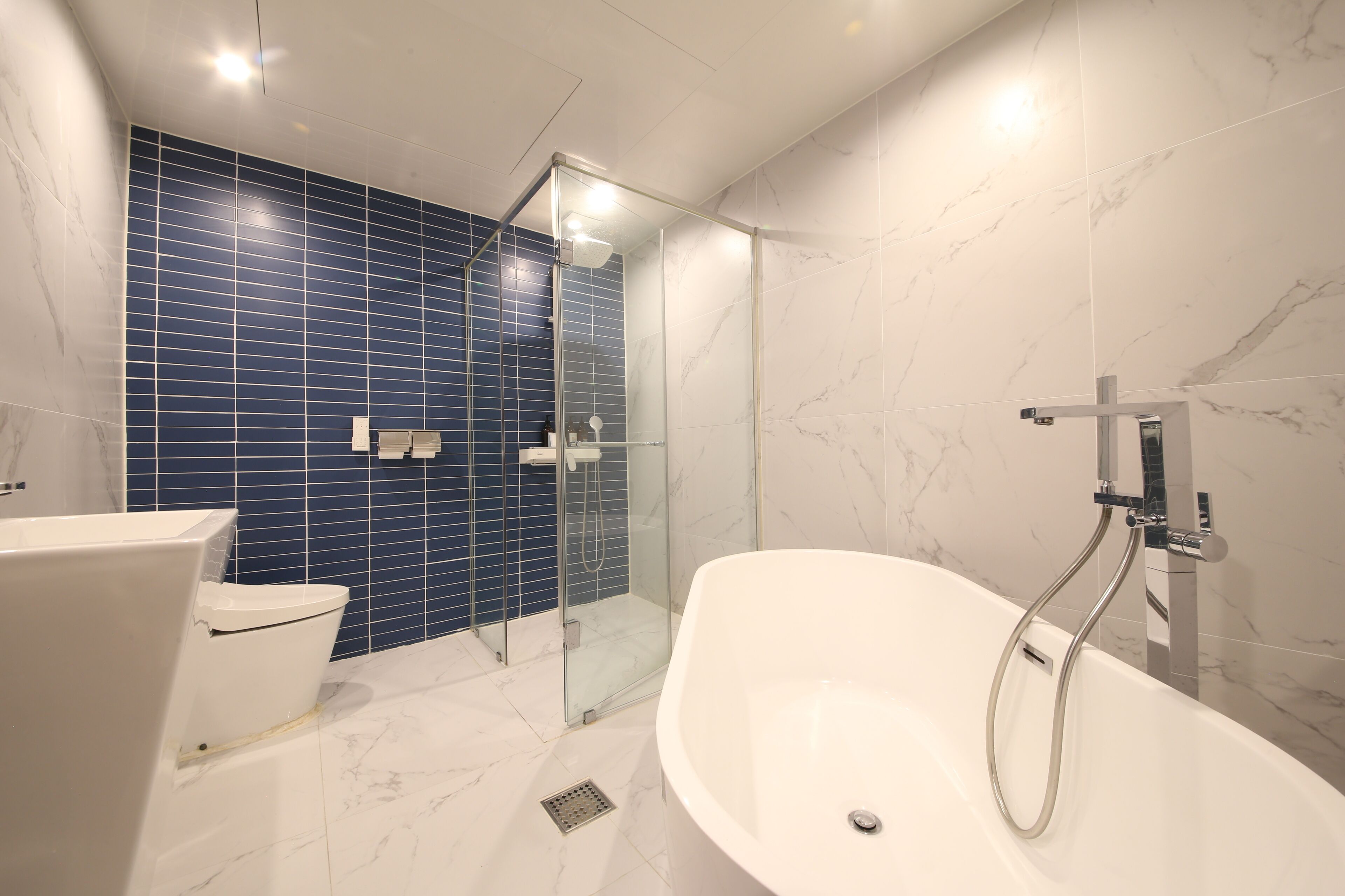 A modern bathroom with a glass-enclosed shower, a freestanding bathtub, and a toilet.