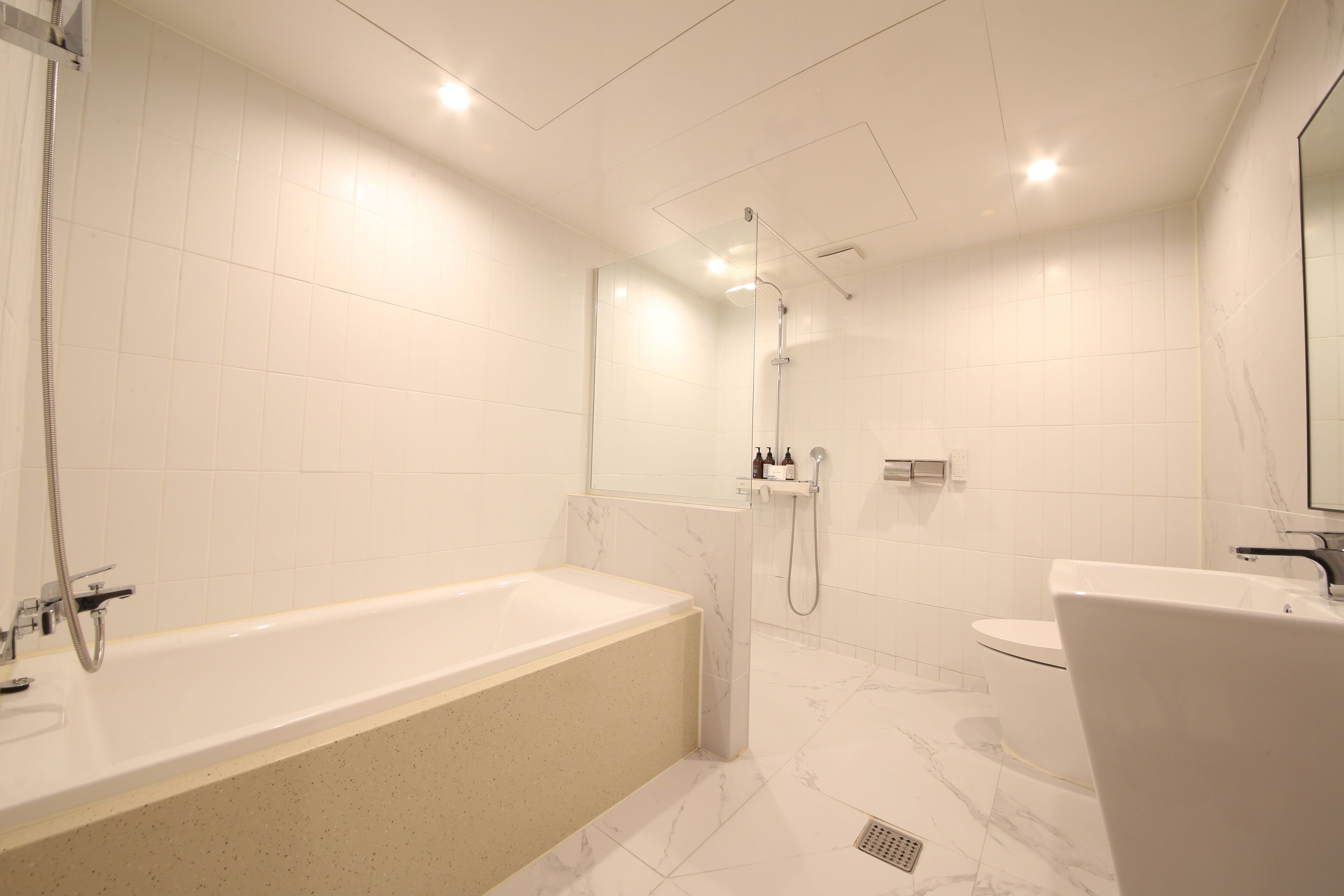 A modern bathroom with a bathtub, shower, and toilet.