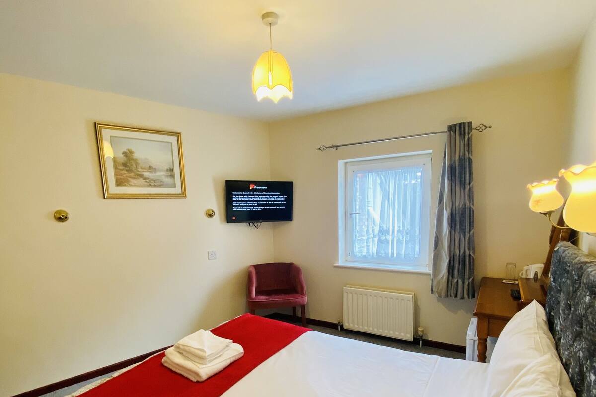 A hotel room with a bed, a red throw blanket, a television, a window with curtains, a chair, and a nightstand with a lamp.