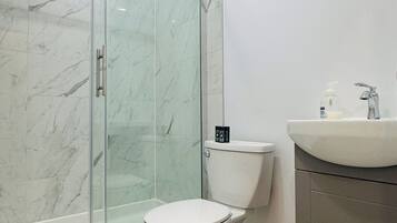 Un baño con ducha de vidrio, inodoro y lavabo.