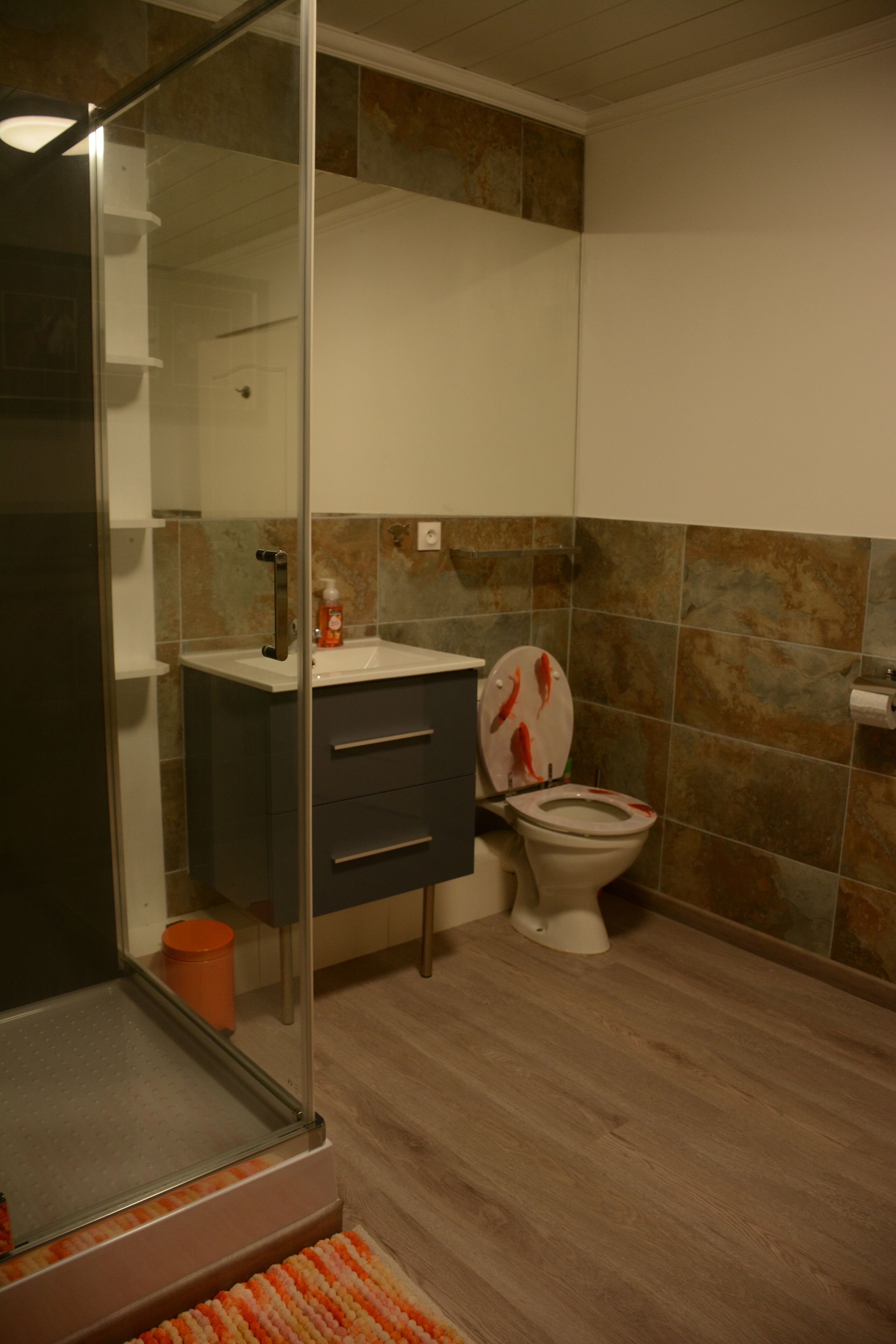 A bathroom with a glass shower enclosure, a toilet with a decorative seat, and a sink with a soap dispenser.