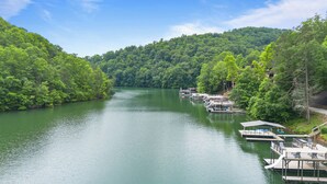 Un muelle a orillas del lago con barcos, rodeado de un bosque frondoso.